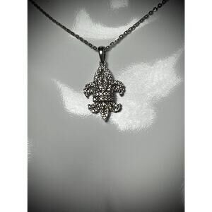 14k White Gold Diamond Fleur de Lis Pendant, 2 Inch Solid Gold Heraldic Lily